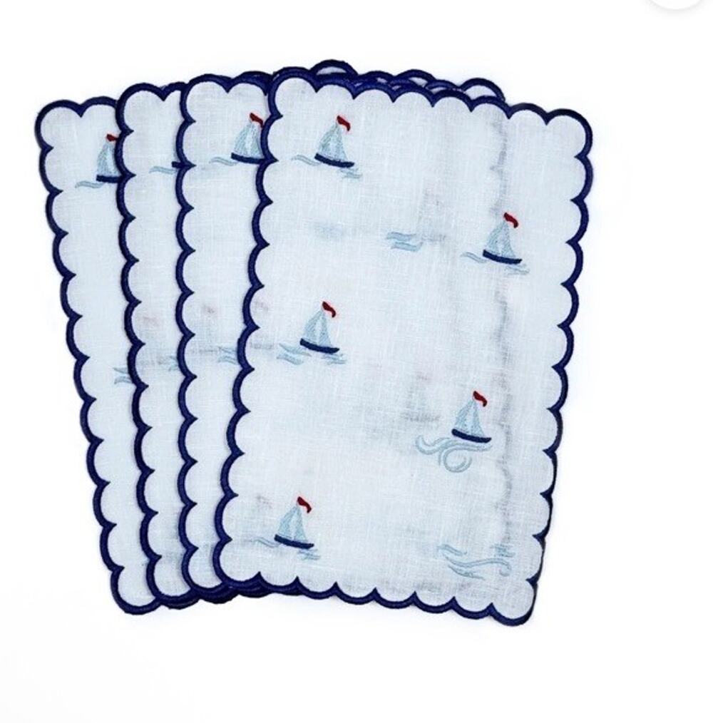 Biscuit Sailboat Cocktail Napkins 100% Linen, set of 4 $79 NWT NIB